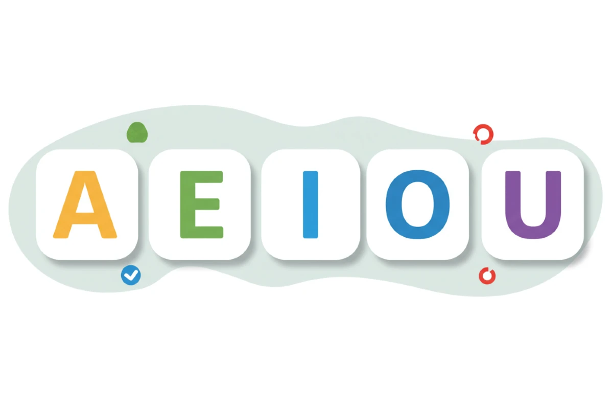 Imagem com as letras A, E, I, O, U, usada para representar o artigo o que são vogais